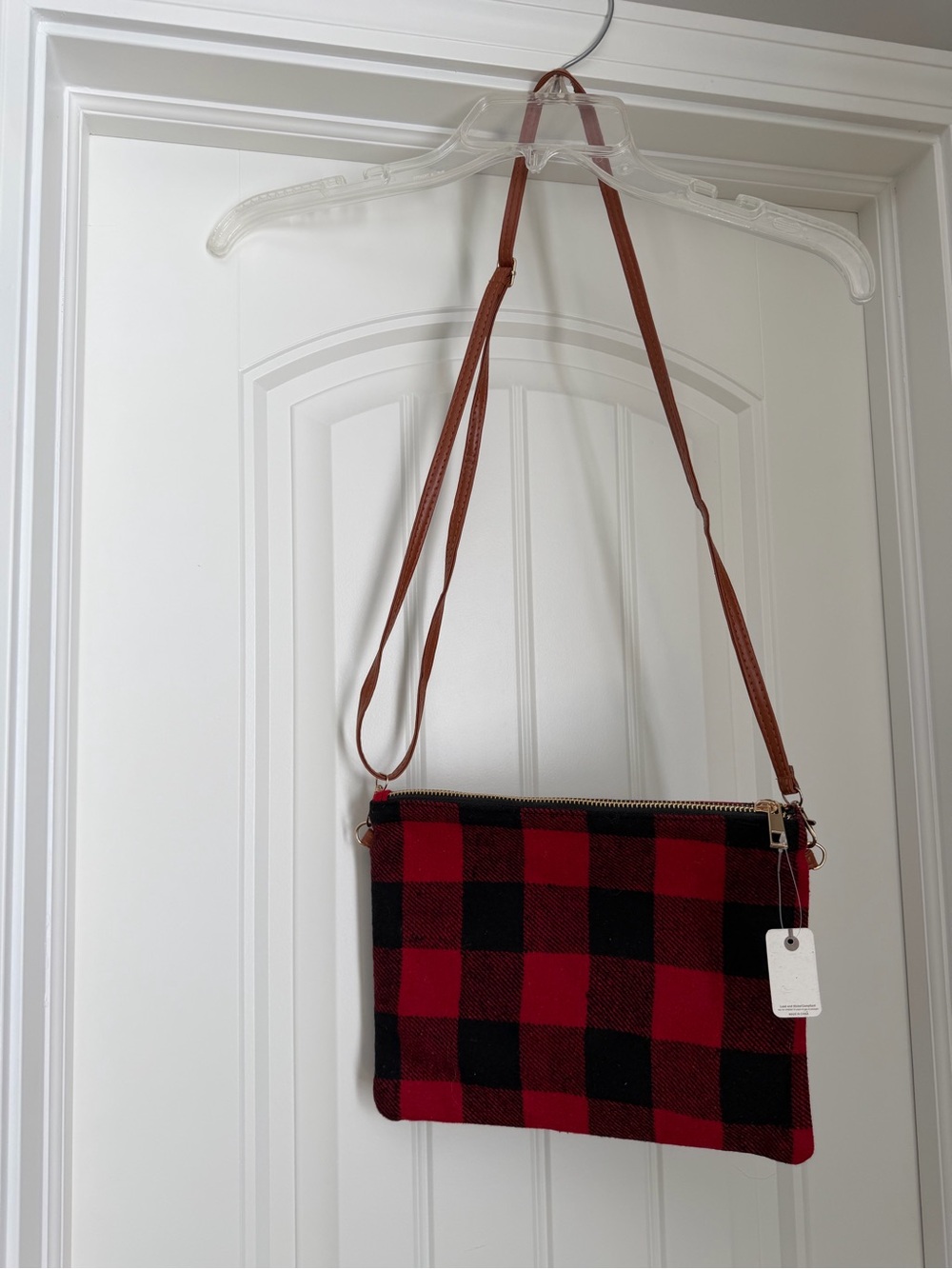Plaid Crossbody Bag with Adjustable Brown Strap - Red/Black